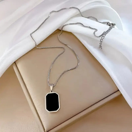 Elegant 18K Gold-Plated Stainless Steel Black Rectangular Pendant
